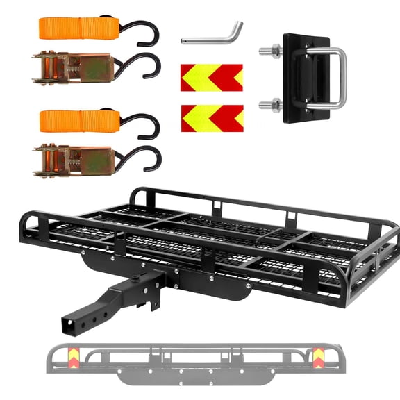 Offroad Hitch Load Carrier, 500 lbs Fold-Down Trailer Frame W/Heavy Duty Mobility Ramp, Sturdy Side Rails & Secure Tie Downs, Anti-Wobble Stabilizer, 50in x 28.3in Foldable Cargo Basket, Black