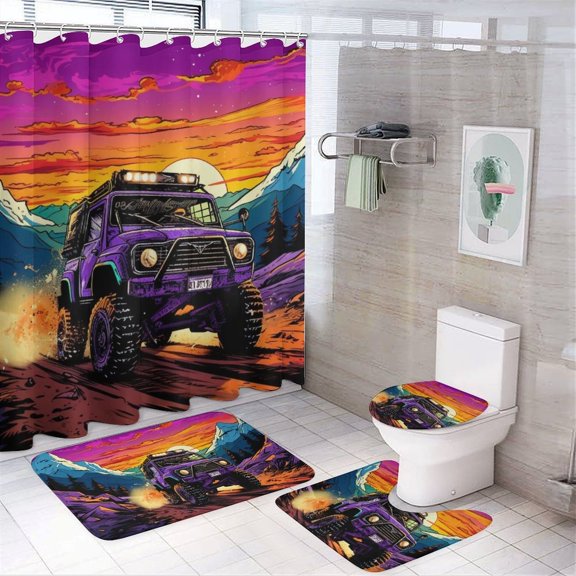 Offroad Mountain Sunset Drive Shower Curtain Waterproof Bathroom Curtain Anti-slip Bath Mat Set Toilet Rugs Carpet