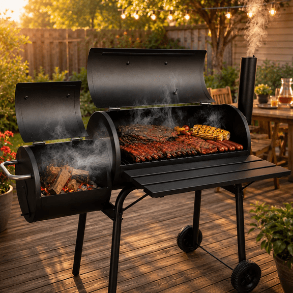 Offset Charcoal Smoker Grill, Heavy Duty Outdoor Barbecue Cooker with Side Fire Box, Wheels & Side Shelf for Backyard Patio Cooking