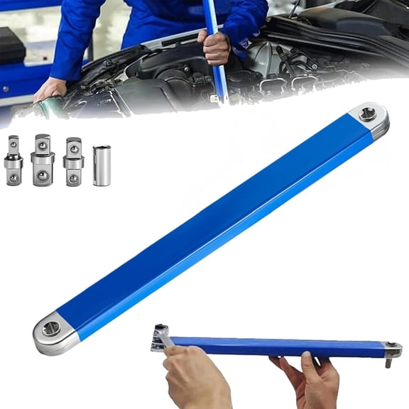 Offset Extension Wrench,15-Inch Impact-Ready Tool With 1/4" 3/8" 1/2" Square Drive Adapters & Socket,Universal Tight Space Wrench Extender For Mechanics, Automotive Repair & DIY Enthusiasts (Blue)