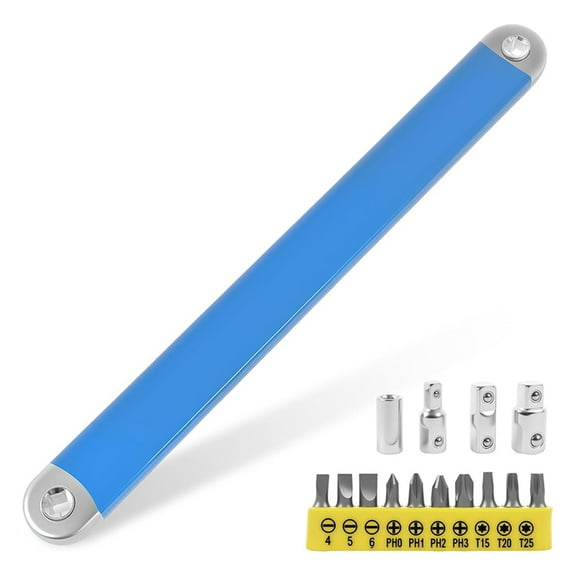 Offset Extension Wrench, 15 Inch Tight Reach Extension Wrench Set, Universal Zero Degree Ratchet Tool for Tight Space,1 x Extension Wrench 4 x Drive Adapters 10 x Short Bits