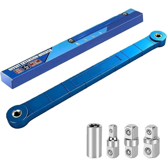 Offset Extension Wrench Set Tool - 3/8 Inch Socket Wrench Extender with 1/4 3/8 1/2 Square Drive Adapters for Tight Spaces Automotive Repair (Blue)