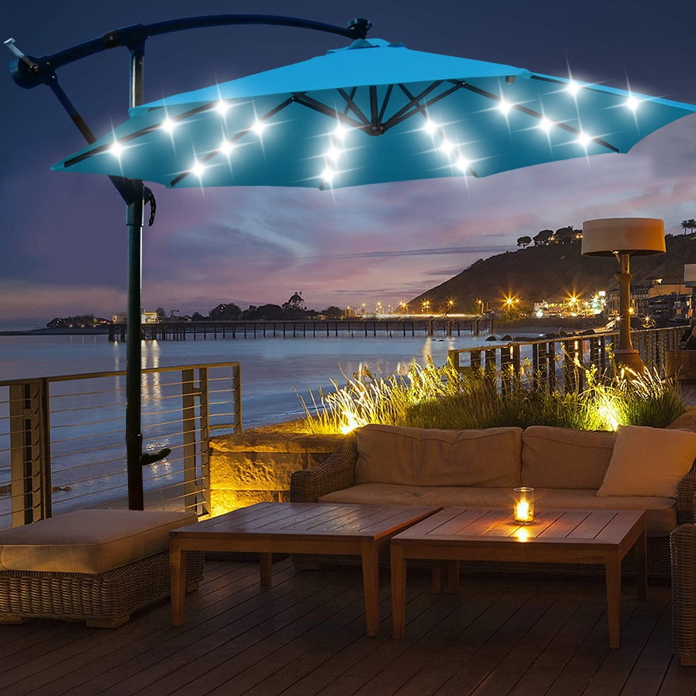 10 patio hanging umbrella with solar led HOMSHADE 10FT Cantilever Base Included, Beige 10 ft shade coverage 10 FT Solar LED Offset
