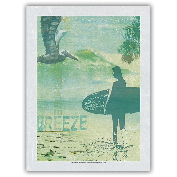 Offshore Breeze - Surfer Girl - Original Collage Art by Wade Koniakowsky - Japanese Unryu Rice Paper Art Print (Unframed) 12 x 16 in