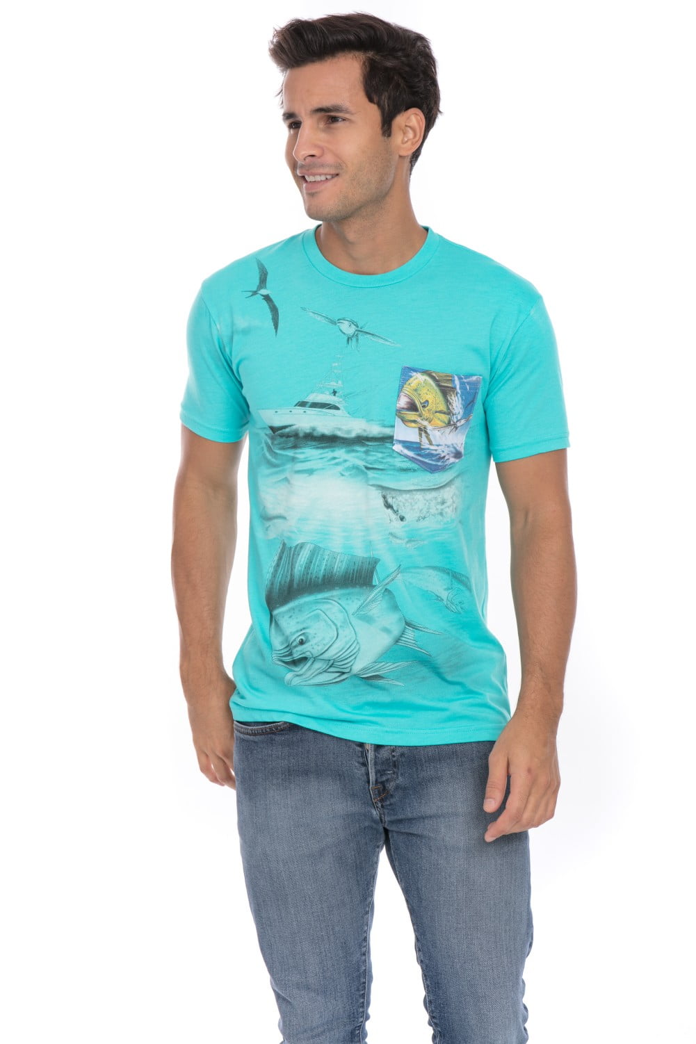 Offshore Deep Sea Mahi Ocean Fish Fishing Yacht Soft T-Shirt Tee Printed  Pocket Unisex Mens - Blue