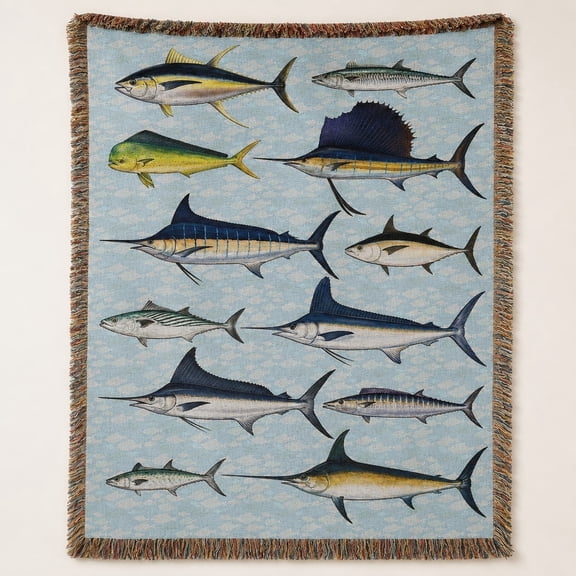 Offshore Gamefish Woven Cotton Blanket with Fringe, Coastal Fishing Throw