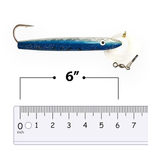 Offshore Trolling Cedar Plug Lures - 6" Rigged Mylar Plugs for Saltwater Fishing (Blue/White, 6 Pcs) with Mesh Lure Bag