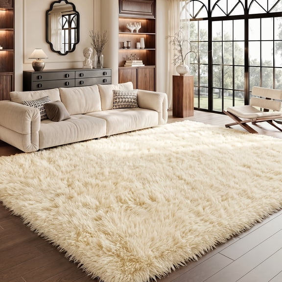 Pentantan 9ft x 12ft Shag Area Rugs, Fluffy Rug for Living Room Bedroom, Soft Plush Pile Indoor Carpet, Light Yellow