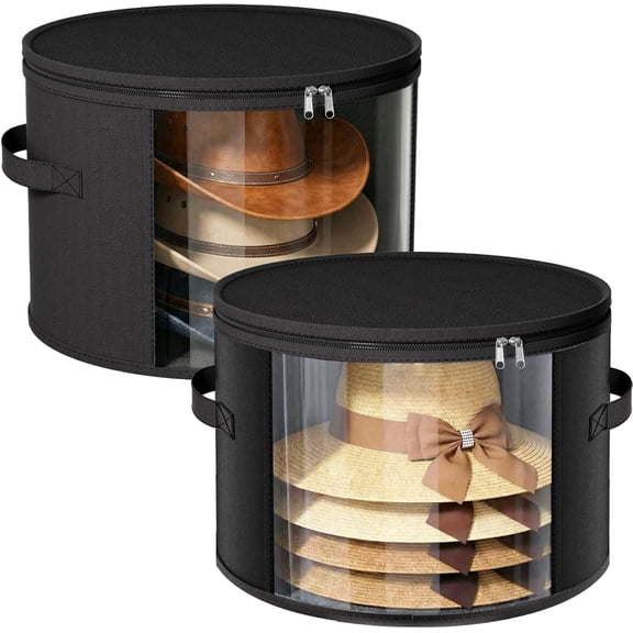 Ofiray-home 2 Pack Large Clear Hat Storage Boxes, Hold up to 7-9 Hats, Hat Organizer for Closet, Durable & Foldable, Hat Box with Carrying Handles for Round Brim, Wide-Brim, Cowboy, Sun Hat (Black)