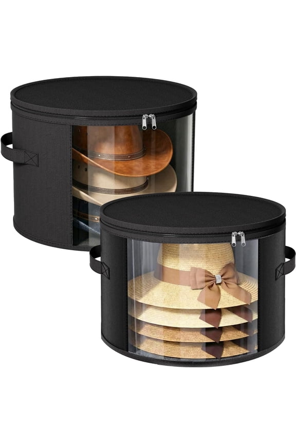 2 Pack Large Clear Hat Storage Boxes, Hold up to 7-9 Hats, Hat Organizer for Closet, Durable & Foldable, Hat Box with Carrying Handles for Round Brim, Wide-Brim, Cowboy, Sun Hat (Black)