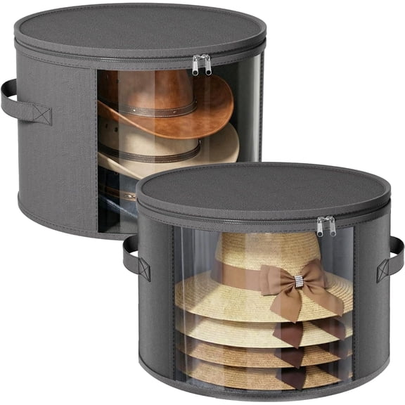 Ofiray-home 2 Pack Large Clear Hat Storage Boxes, Hold up to 7-9 Hats, Hat Organizer for Closet, Durable & Foldable, Hat Box with Carrying Handles for Round Brim, Wide-Brim, Cowboy, Sun Hat (Gray)