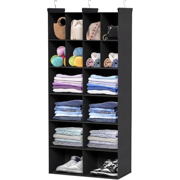 Ofiray-home 6 Tier Hanging Closet Organizer, 16 Compartments Sweater Organizer for with 3 Sturdy Hooks, Organizers and Storage, Wardrobe, Rv, Garment Rack, Black