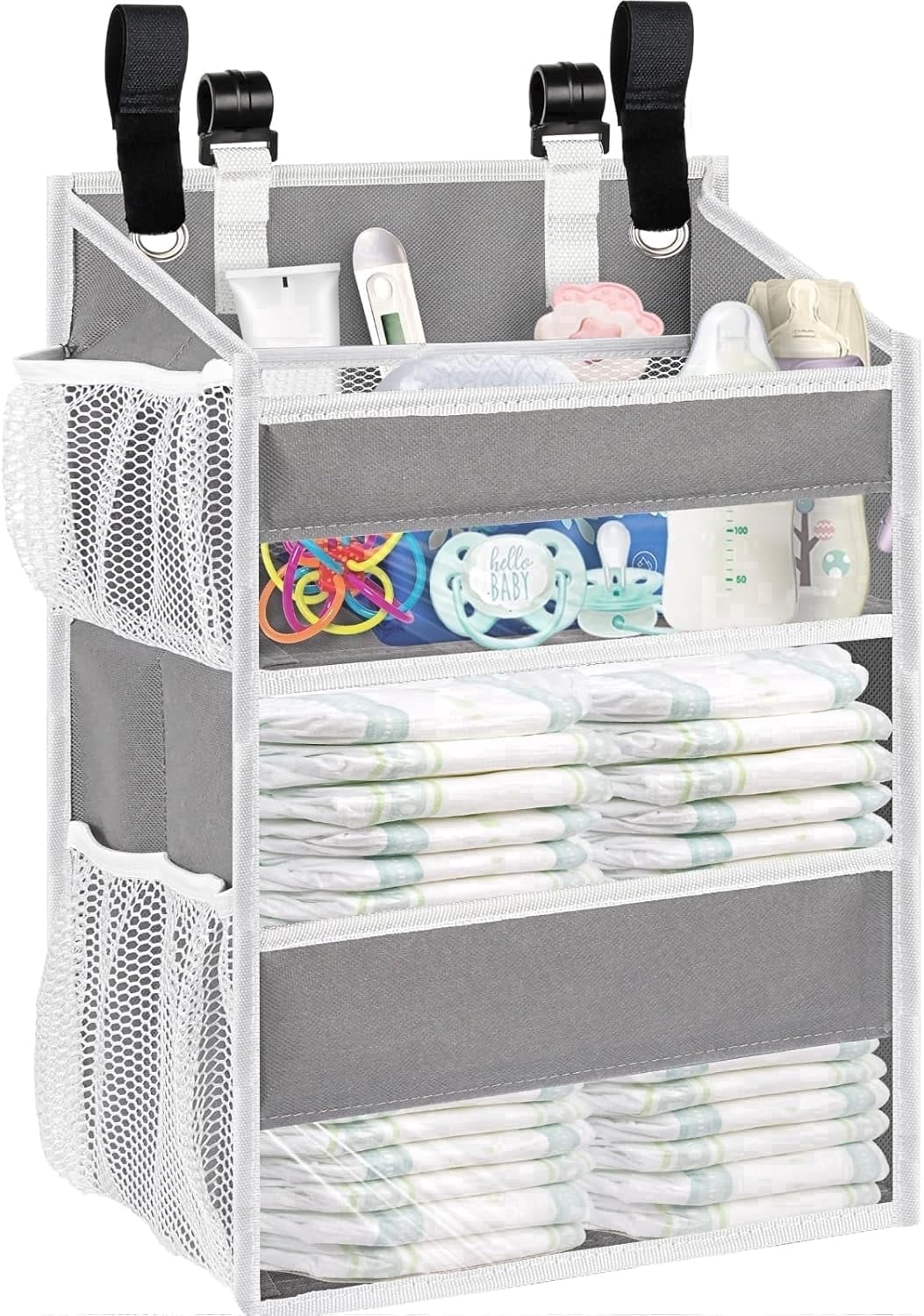 Hanging Diaper Organizer for Changing Table, Durable 2-Tier Nursery Storage Organizer with Mesh Pockets, Fits Crib, Playard, Wall or Car, Light Gray