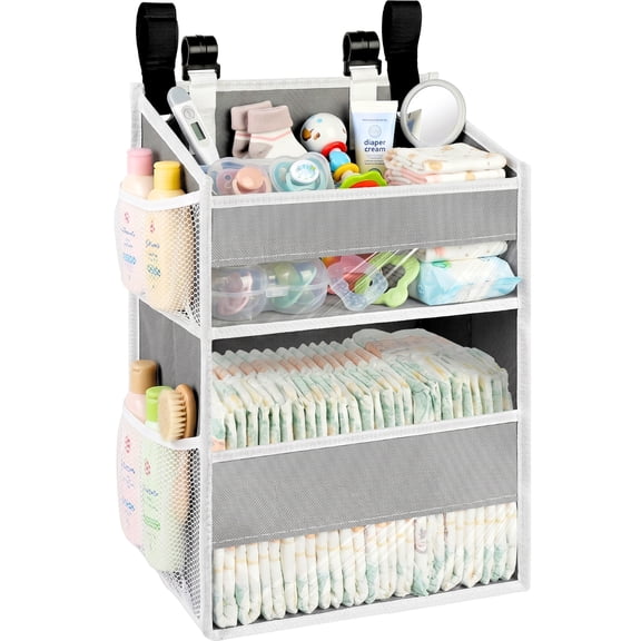 Hanging Diaper Organizer for Changing Table, Durable 2-Tier Nursery Storage Organizer with Mesh Pockets, Fits Crib, Playard, Wall or Car, Light Gray