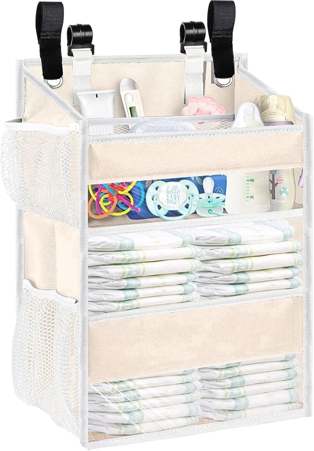 Hanging Diaper Organizer for Changing Table,Cribs,Car,Playard or Wall & Nursery Organization, 2-Tier Diaper Organizer- Hold 90+ Diapers, Beige