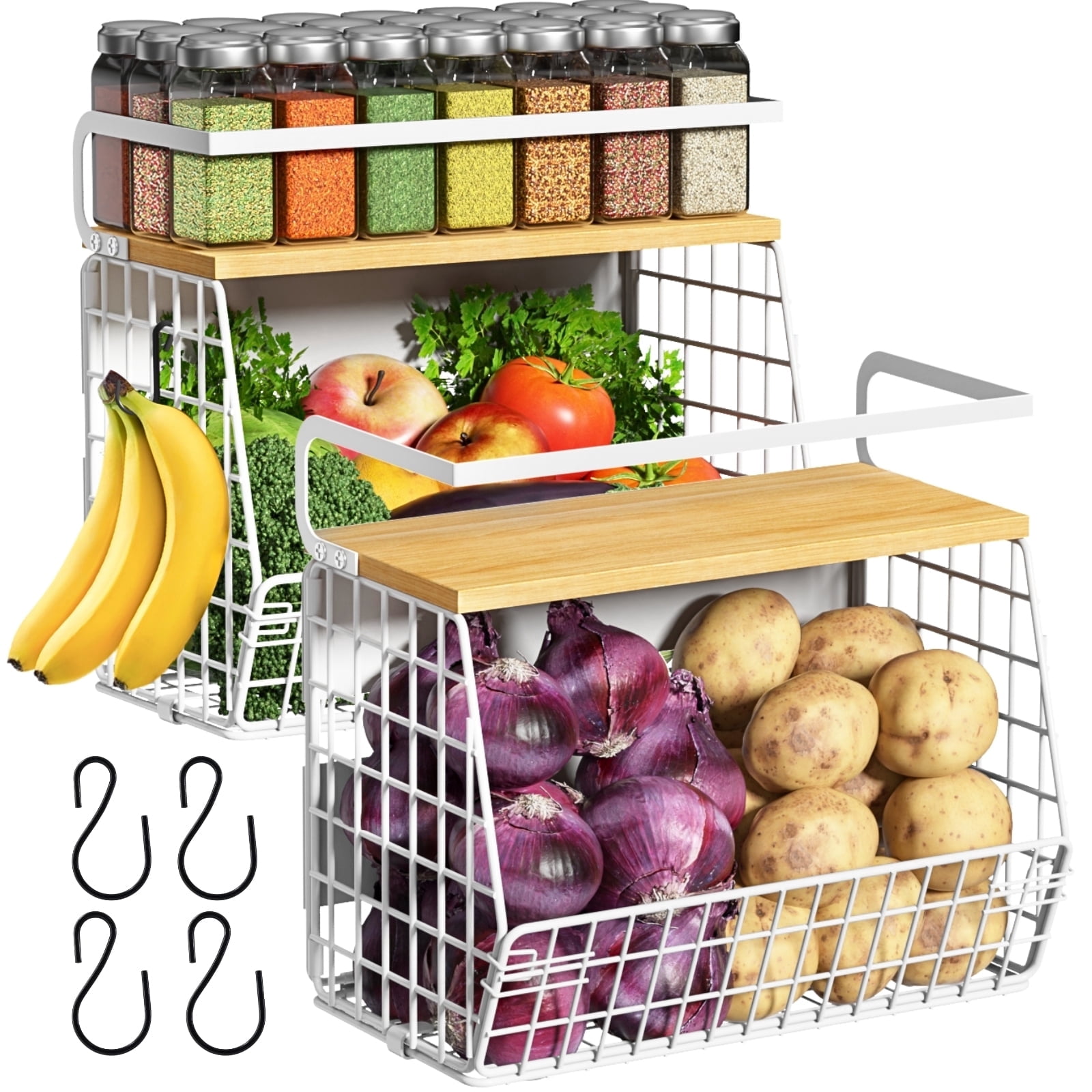 Ofiray-home Magnetic Fridge Shelf with Wood Lid, Fruit Potato Onion Storage Bins, Pantry Organizers, Large Container Spice Rack for Refrigerator, Kitchen Counter, Cabinet (2, White)