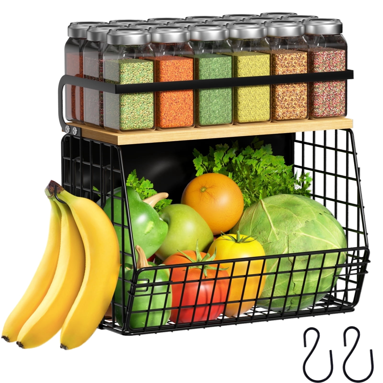 Ofiray-home Magnetic Shelf for Fridge with Wood Lid, Fruit Potato and Onion Storage Bins, Pantry Organizers & Storage, Large Container Magnetic Spice Rack for Refrigerator, Kitchen Counter (Black, 1)