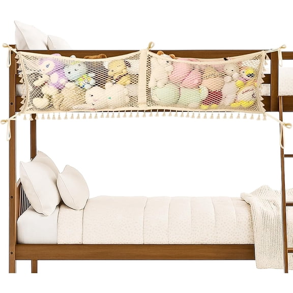 Ofiray-home Stuffed Animal Hammock, Bedside Stuffed Animal Storage Net Corner - Kids Nursery Wall Bedroom Home Decor, Cotton Bedside Toy Organizer Net with Tether, Stretches up to 47.25 In, Beige