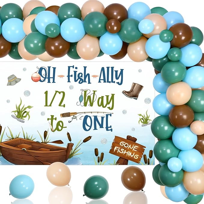 Ofishally 1/2 Way to One Backdrop Fishing Half Birthday Party Decorations Balloon Garland Arch Kit Little Fisherman Half Way to One Bday Decor for Boy Gone Fishing Half Birthday Lakeside Party