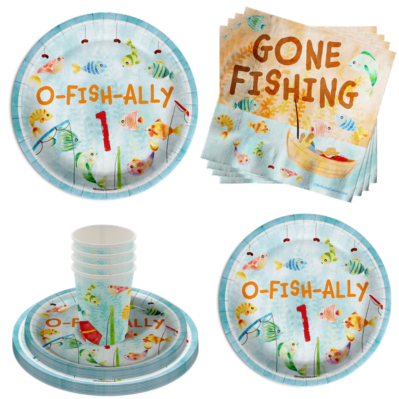 Ofishally 1 Fishing 1st Birthday Party Supplies 64 Piece Tableware Set Includes Large 9" Paper Plates Dessert Plates, Cups and Napkins Kit for 16