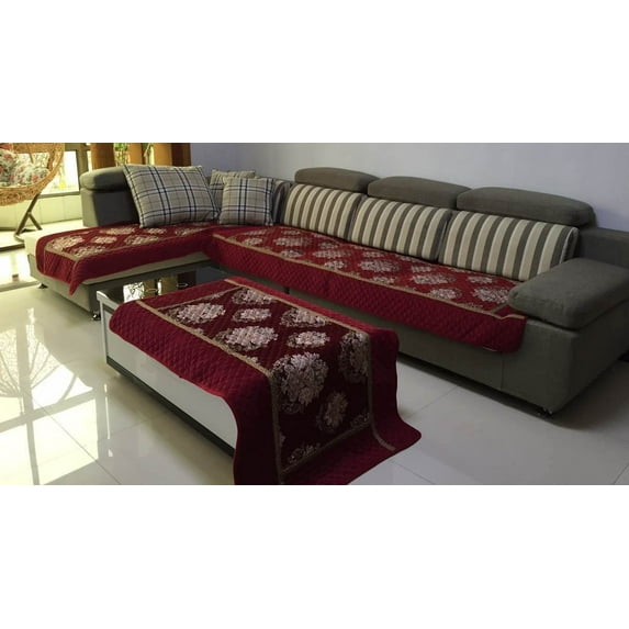 Ofit® High Quality Chenille Quilted Sectional Sofa Throw Slipcover Chaise Lounge Chair Cover 1pc 35x62" Wine