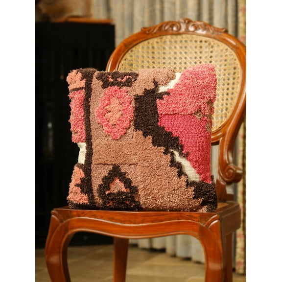 16" x 16" Boho Tufted Throw Pillow  Pink & Brown Tribal Geometric Textured Accent Cushion  Modern Eclectic Decor for Sofa & Bed