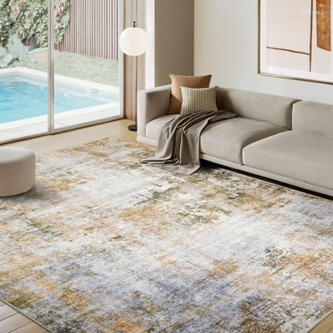 Ofoor 8x10 Modern Abstract Area Rug - Washable, Stain Resistant, Thin, Non-Slip, Perfect for Living Room, Bedroom, Kitchen, Blue