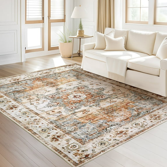 Ofoor Area Rugs for Living Room 6'x9' Washable Rugs Retro Large Area Rug Modern for Home Decor Foldable Nonslip Bedroom Carpet, Warm Yellow