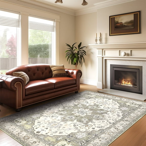 Ofoor Area Rugs for Living Room 6x9 Machine Washable Rugs,Vintage Ultra-thin,Anti-slip,Soft Indoor Rug for Bedroom Dining Room Office,Green