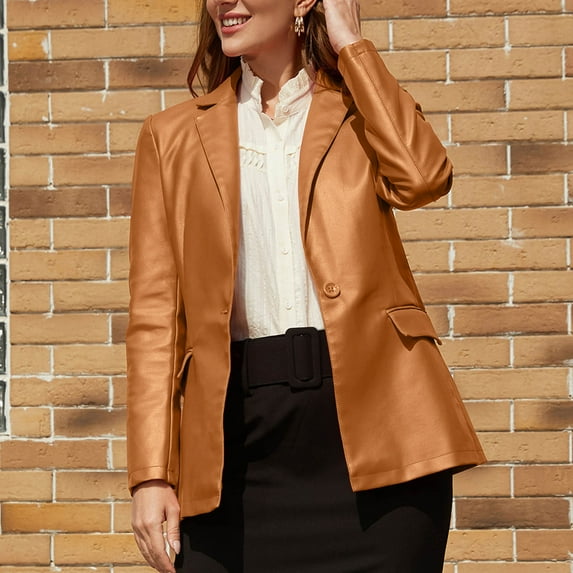 Ofreoo Casual Women's Collar Neck Summer Outwear Pocket Zipper Regular Women's Hoodless Faux Leather Long Sleeve Tops on Clearance