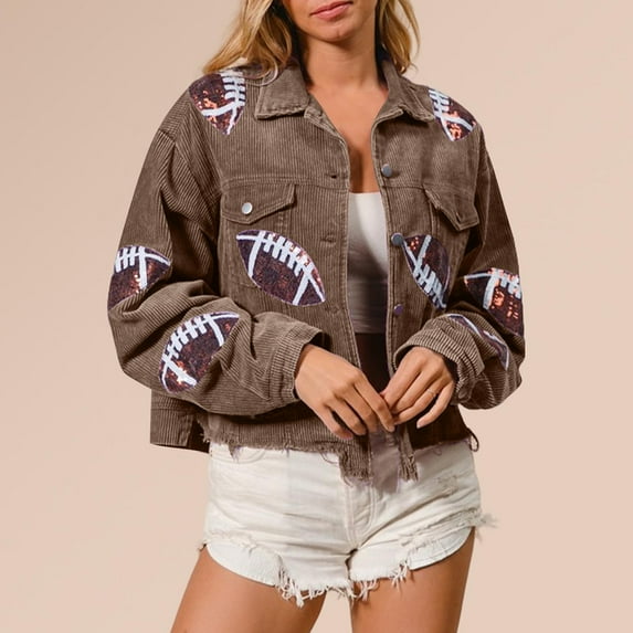 Ofreoo Fashion Women's Football Sequined Long Sleeved Hoodless Turndown Collar Button Pocket Casual Outwear Windbreaker Jacket Women Gift for Girls