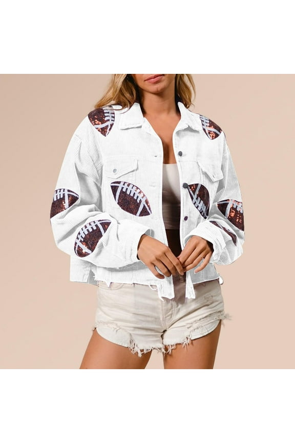 Fashion Women's Football Sequined Long Sleeved Hoodless Turndown Collar Button Pocket Casual Outwear Windbreaker Jacket Women Gift for Girls