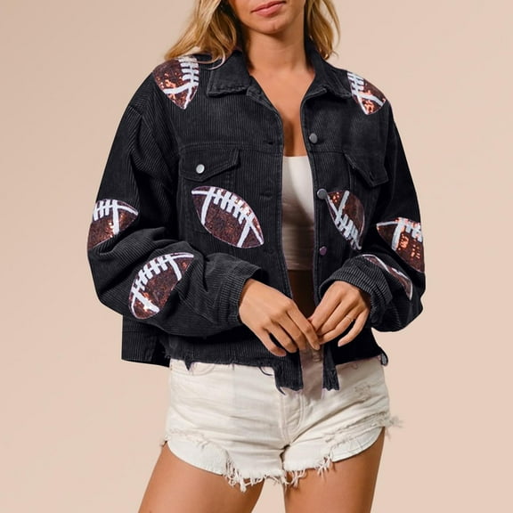Ofreoo Fashion Women's Football Sequined Long Sleeved Hoodless Turndown Collar Button Pocket Casual Outwear Windbreaker Jacket Women Gift for Girls