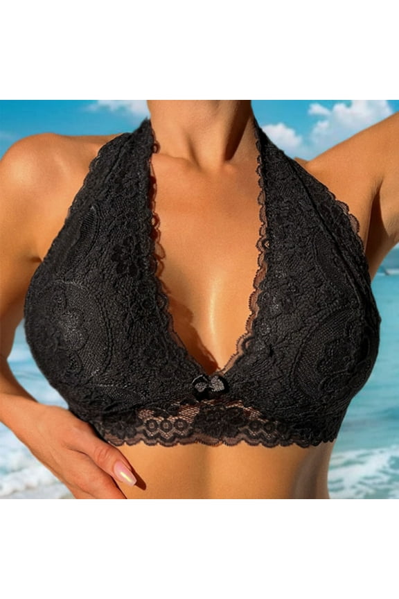 Floral Lace Halter Bralette for Women Unpadded Wirefree Bra Crop Top with Hook and Eye Closure Back Deal of the Week