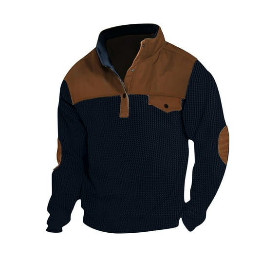 Ofreoo Man Casual Patchwork Pullover Fashion Long Sleeve Stand Collar Button Blouse Essentials Hoodie Deal of the Week