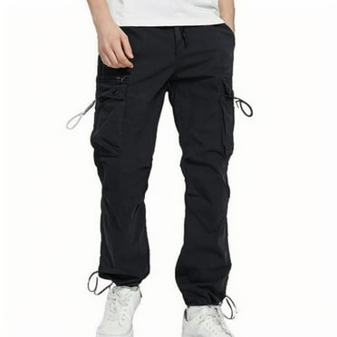 Ofreoo Man Solid Color Drawstring Multi-pocket Binding Leg Trousers Cargo Pants for Men Christmas Gift