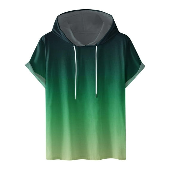 Ofreoo Men Casual Round Neck Digital Gradation Printing Pullover Fitness Sports Hooded Shorts Sleeves T Shirt Blouse New Arrivals in T-shirts