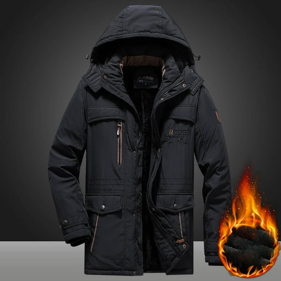 Ofreoo Men Casual Solid Thick Zipper Hooded Long Sleeved Warm Cotton Jacket Coat Christmas Gift