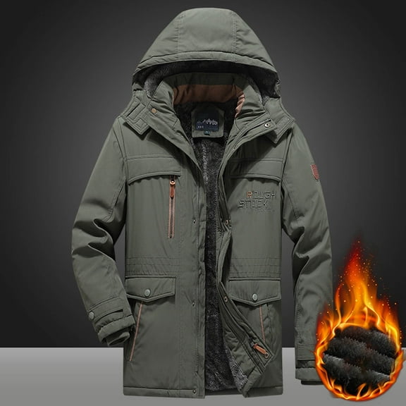 Ofreoo Men Casual Solid Thick Zipper Hooded Long Sleeved Warm Cotton Jacket Coat Christmas Gift