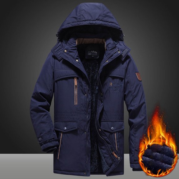 Ofreoo Men Casual Solid Thick Zipper Hooded Long Sleeved Warm Cotton Jacket Coat Christmas Gift