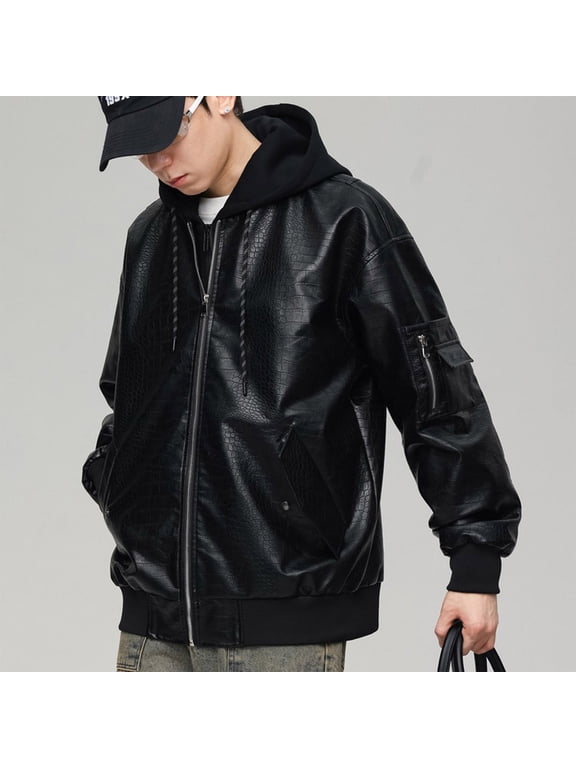 Men Fashion Solid Color Zipper Pocket Hooded Long Sleeve Hooded Leather Outwear Men's Down Jackets & Coats Deal of the Week