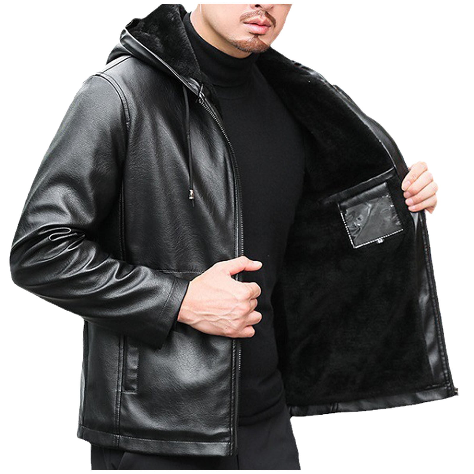Ofreoo Men Vintage Jacket Fleecing Leather Hooded Long Sleeve Winter Stand Collar Club Coat Fashion Men's Leather Jackets Casual Tops Men's Down Jackets & Coats Deal of the Week