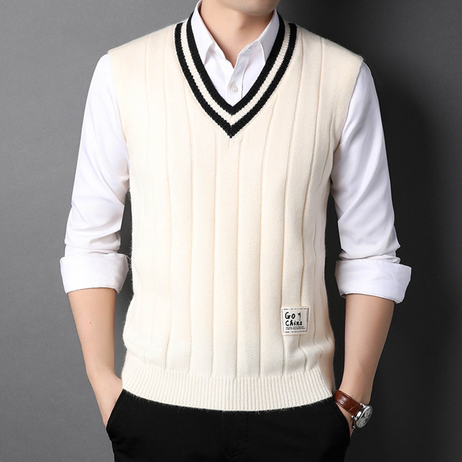 Ofreoo Men Waistcoat Knitting Top Sleeveless Casual V-neck Top Bottom Llayer Shirt Work Vest for Men Gift for Adults