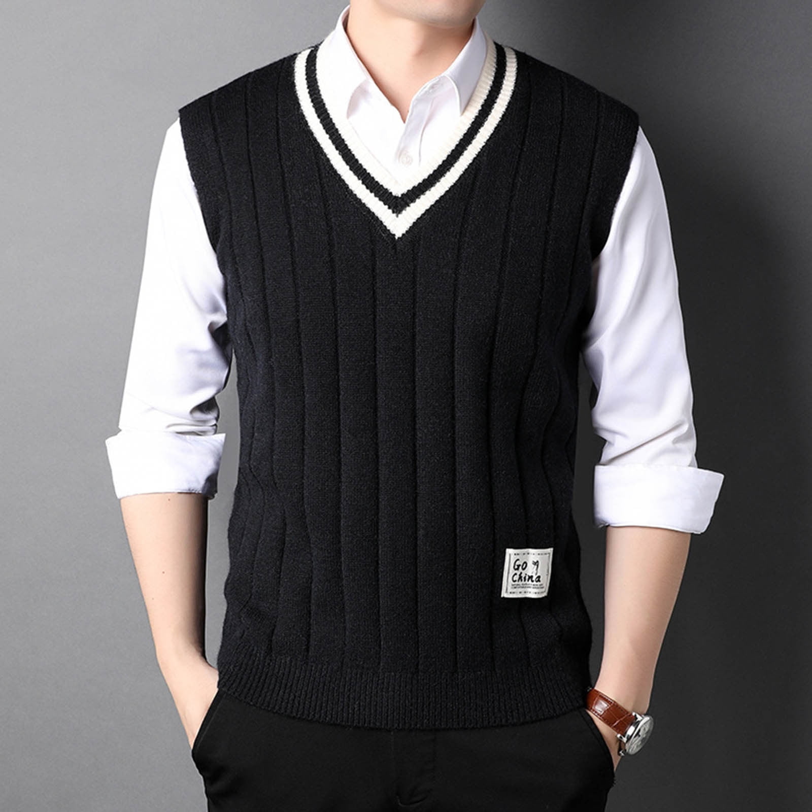 Ofreoo Men Waistcoat Knitting Top Sleeveless Casual V-neck Top Bottom Llayer Shirt Work Vest for Men Gift for Adults