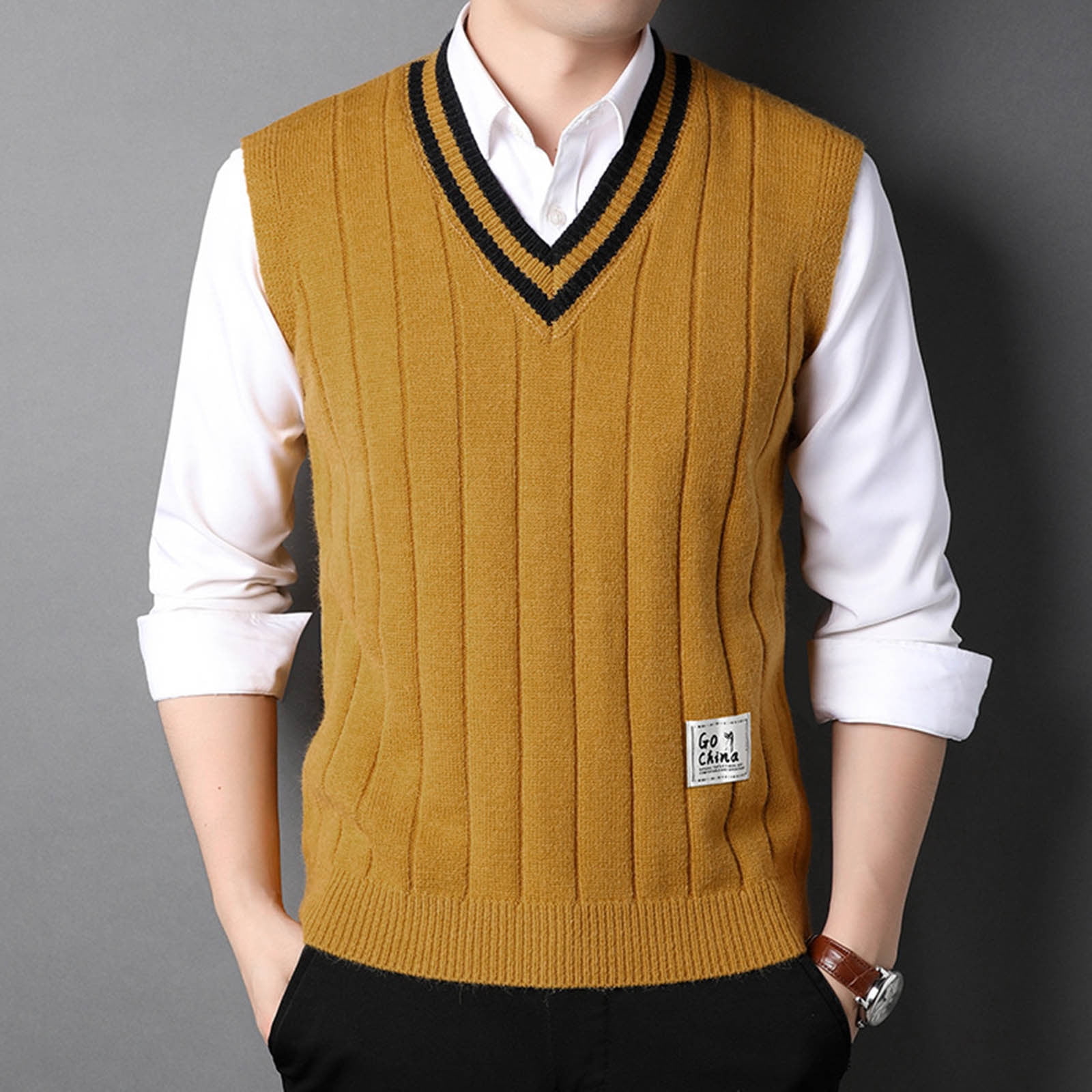 Ofreoo Men Waistcoat Knitting Top Sleeveless Casual V-neck Top Bottom Llayer Shirt Work Vest for Men Gift for Adults