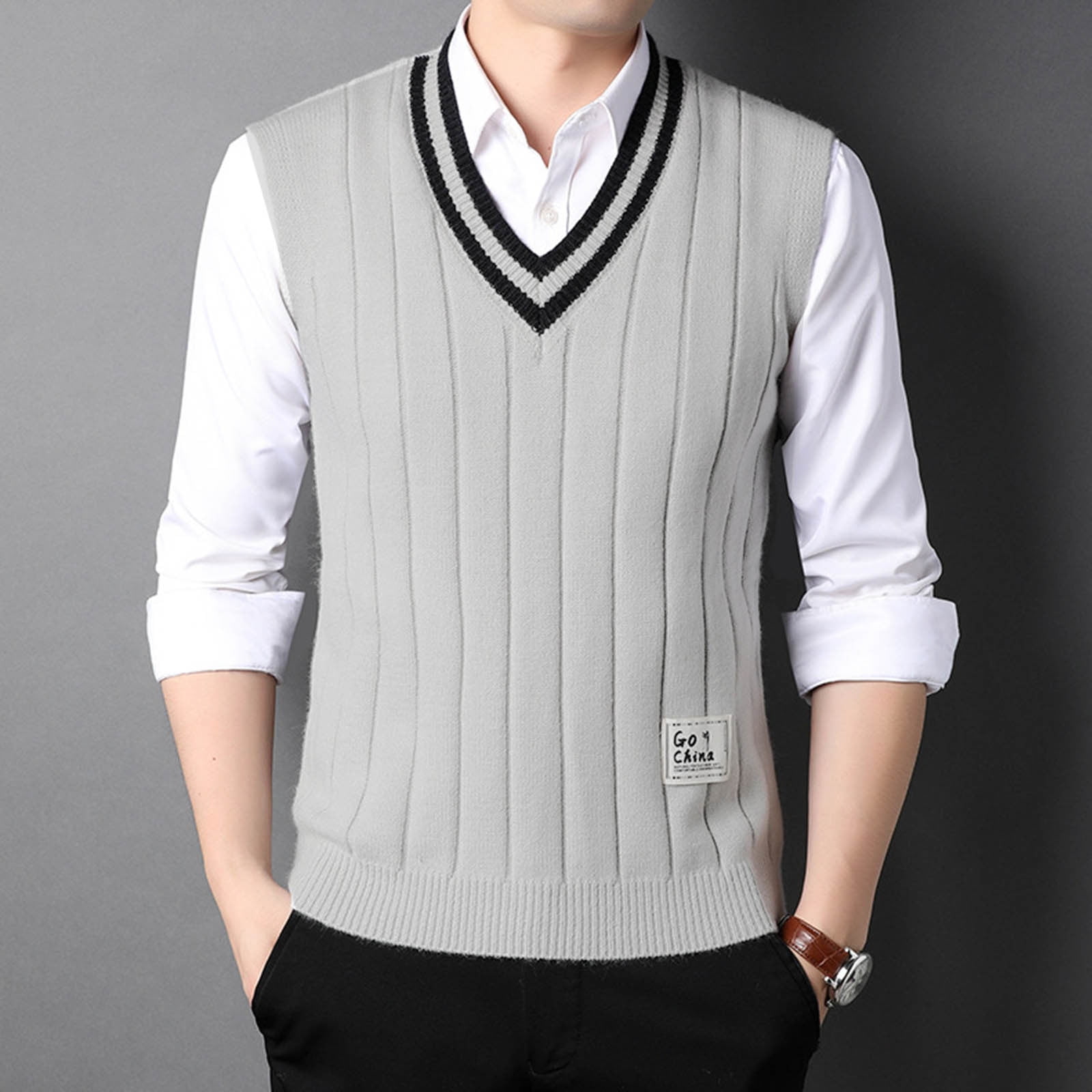 Ofreoo Men Waistcoat Knitting Top Sleeveless Casual V-neck Top Bottom Llayer Shirt Work Vest for Men Gift for Adults