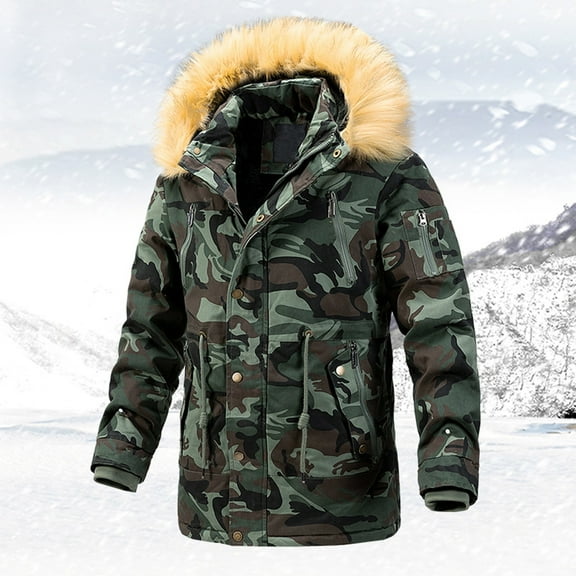 Ofreoo Men Winter Casual Camouflage Hooded Zipper Pockets Long Sleeve Cardigan CoatJacket