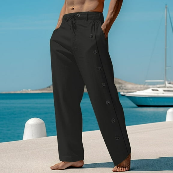 Ofreoo Men's Cotton And Linen Elastic Waist Blended Breathable Comfortable Soft Beach Casual Trousers Full Length Pants Great Gifts for Less