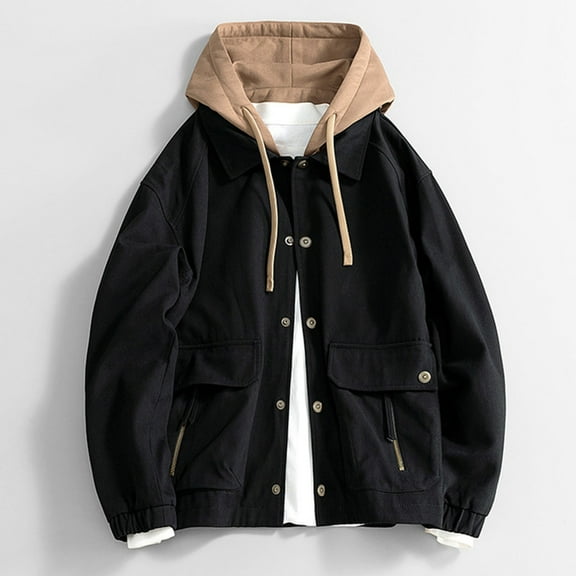 Ofreoo Men's Fashion Casual Solid Color Pockets Jacket Long Sleeve Hooded Casual Outwear Coat Men's Lightweight Jackets Deal for Days Holiday Decor