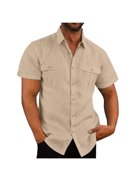 Men's Fashion Vacation Solid Color Cotton Linen Double Pocket Casual Shirts Short Sleeves Gifts Dad really wants
